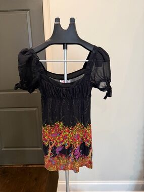 Free People Black Mini Dress with Multicolor Floral Border